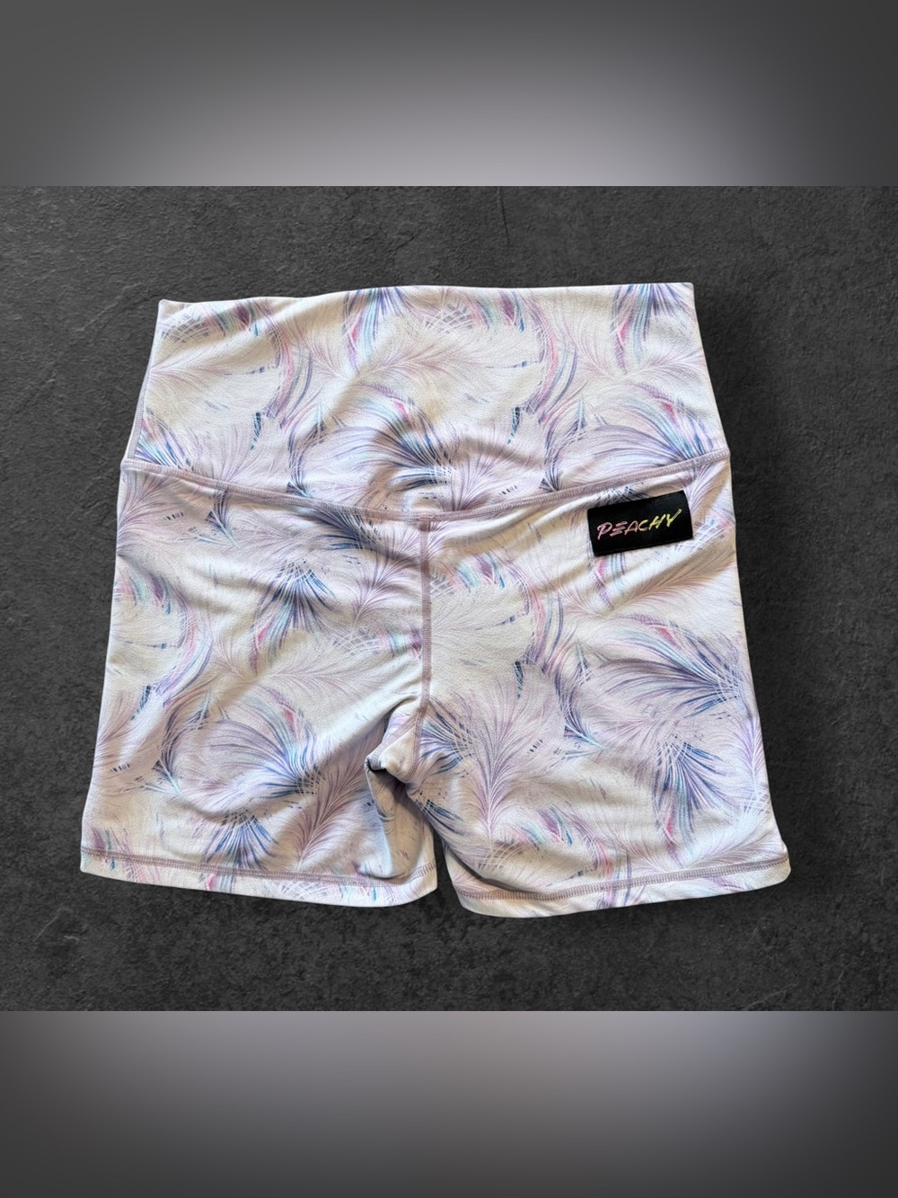 Peachy Womens Medium Feather Print High Rise Biker Shorts Pastel Athletic Yoga